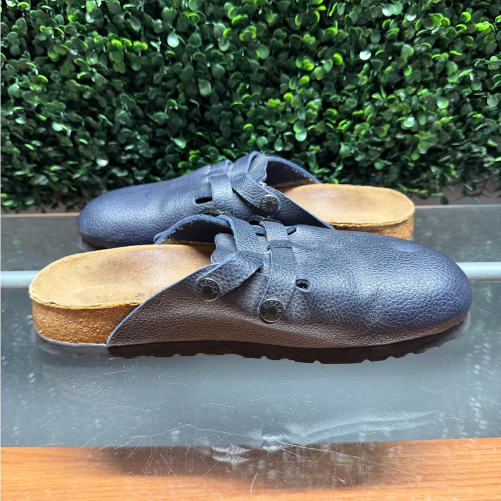 Women's Birki’s Navy Leather Clog Mules with Buckle Straps - Picture 8 of 8